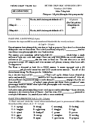 Đề thi chọn học sinh giỏi môn Tiếng Anh Lớp 9 - Năm học 2015-2016 - Phòng GD và ĐT Thanh Oai (Có đáp án)